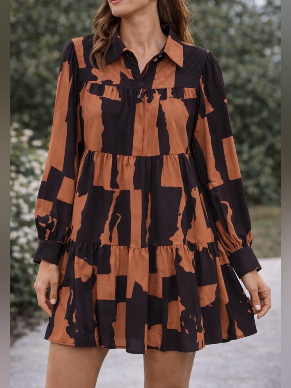 Crosby by Mollie Burch Tiered Mini Dress XS Rust Black Long Sleeve Boutique